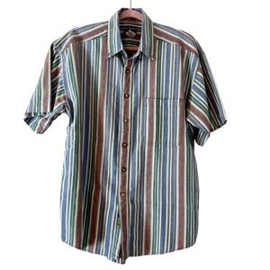 Basic Equipment Striped Button Up Short Sleeve Casual Shirt‎ Size Large L